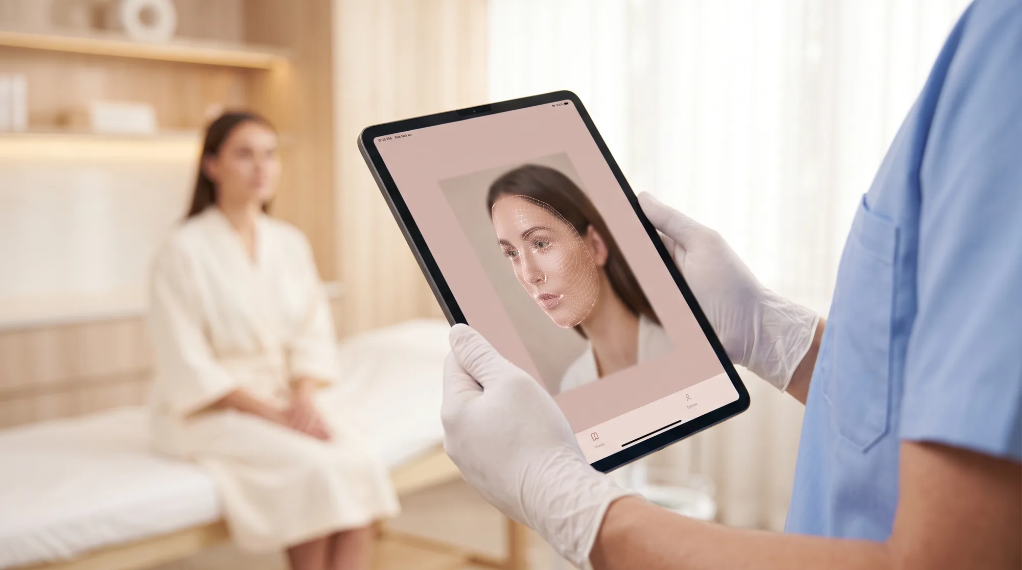 A practitioner holding the iPad in the consultation room, the patient&rsquo;s face mapped on the screen while she sits opposite