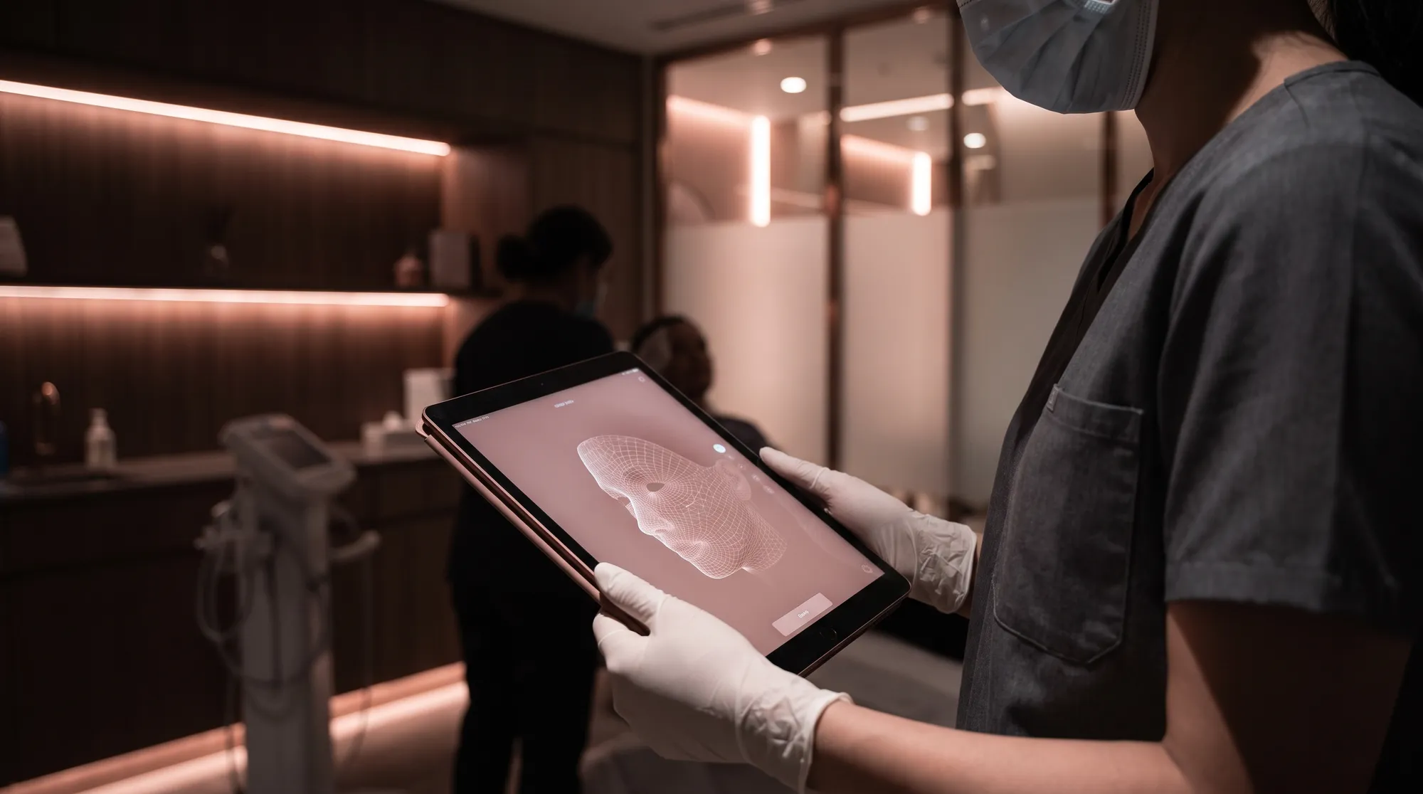 A practitioner in a clinic holding an iPad showing the FORMA app’s three-dimensional facial mesh